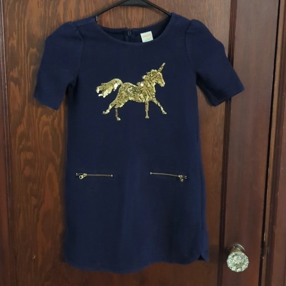 Gymboree Blue with Sequin Gold Unicorn Dress Size 6